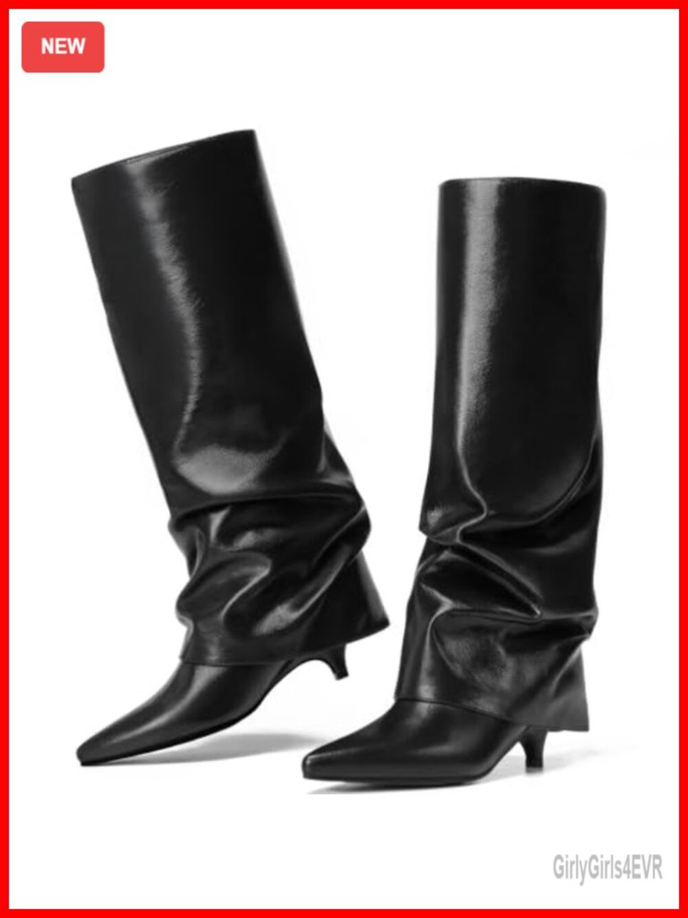 Kitten Heel Knee High Boots Pointed Toe Faux Leather Slouchy Pull-On